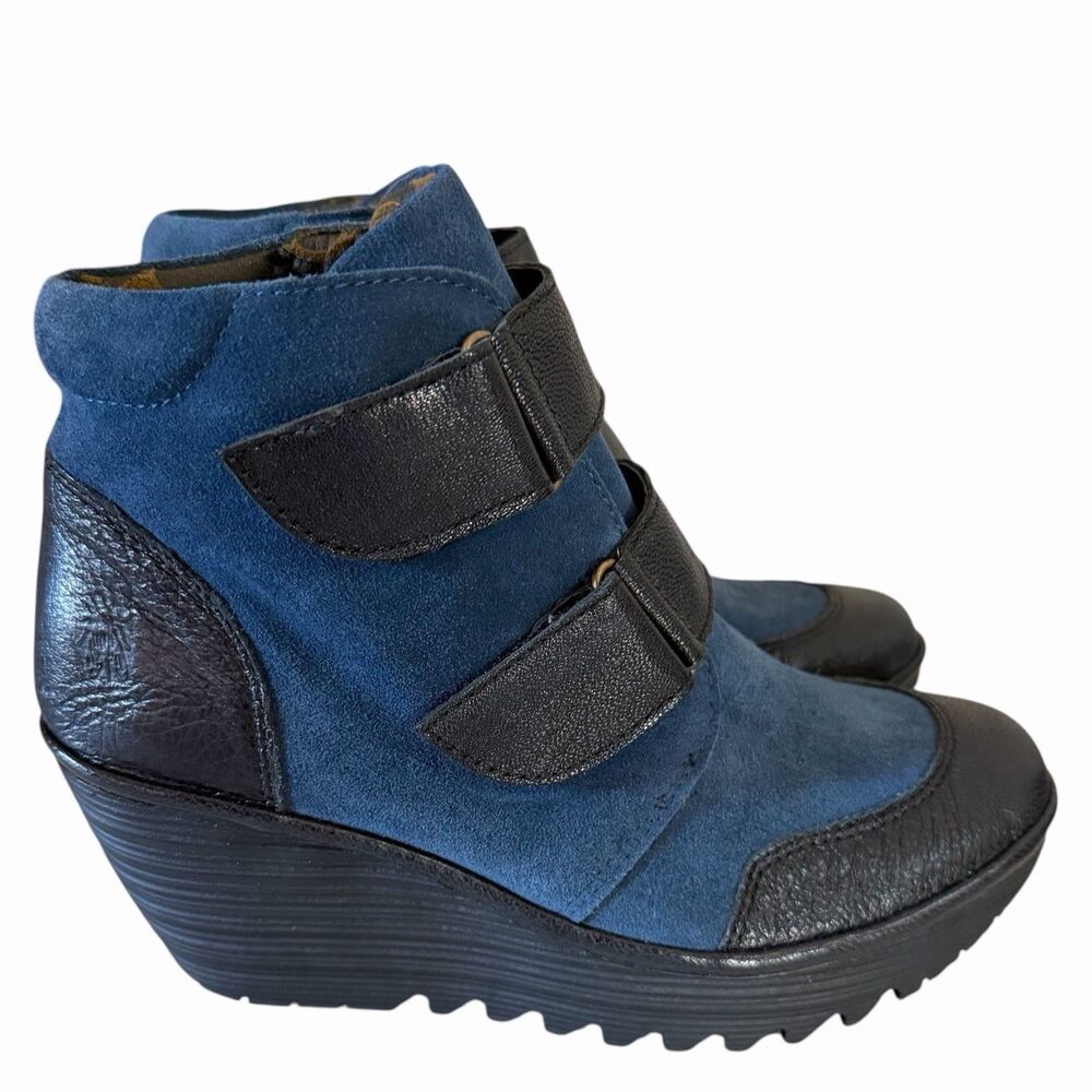 Fly London Yugo Wedge Ankle Boots 37 Black Ocean Suede Leather Comfort Platform